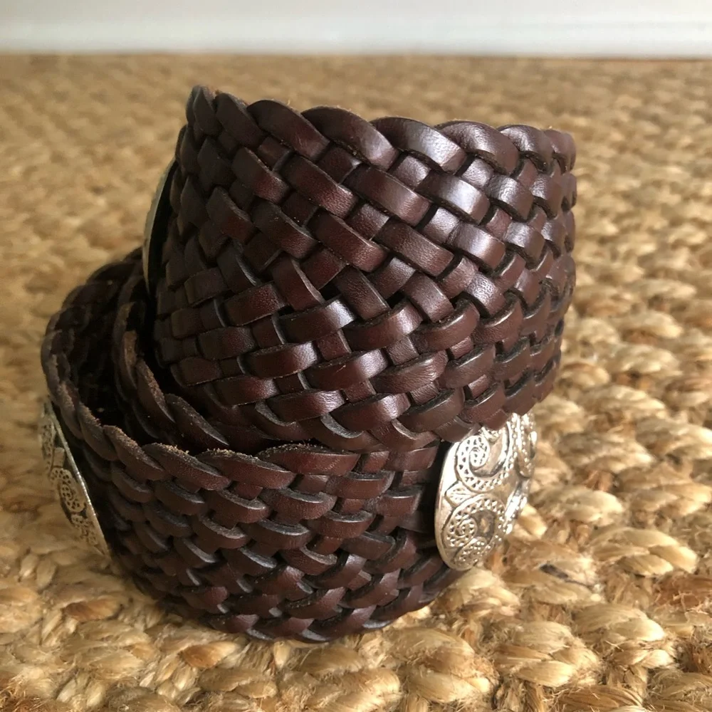 New: Anthropologie Woven Leather Belt with Silver Medallions. Size Medium